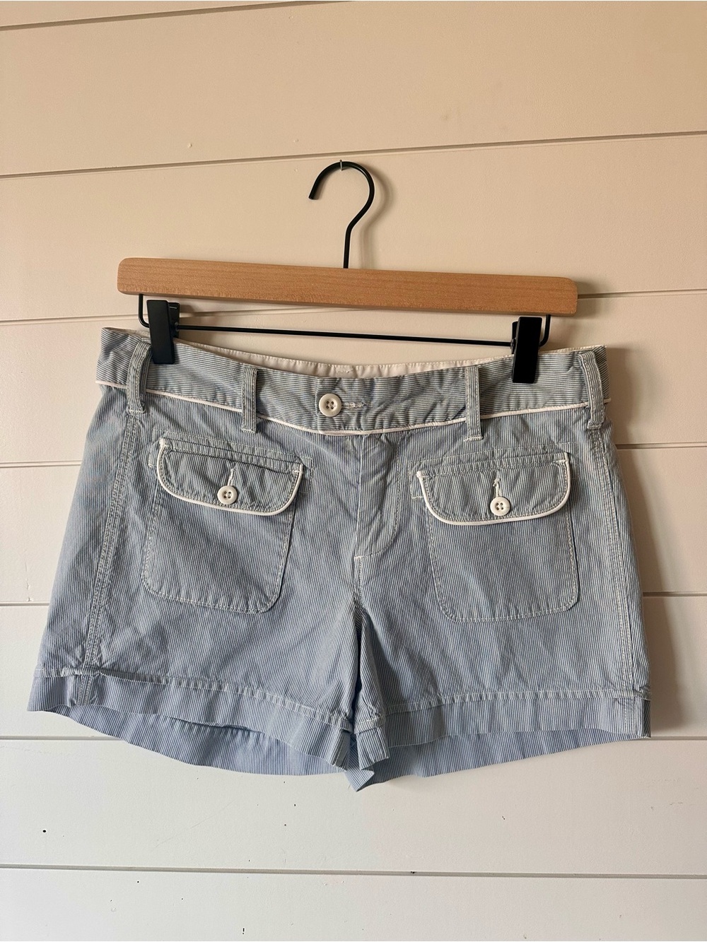 Pinstriped Blue & White Women's Cotton Shorts with Buttoned Pockets